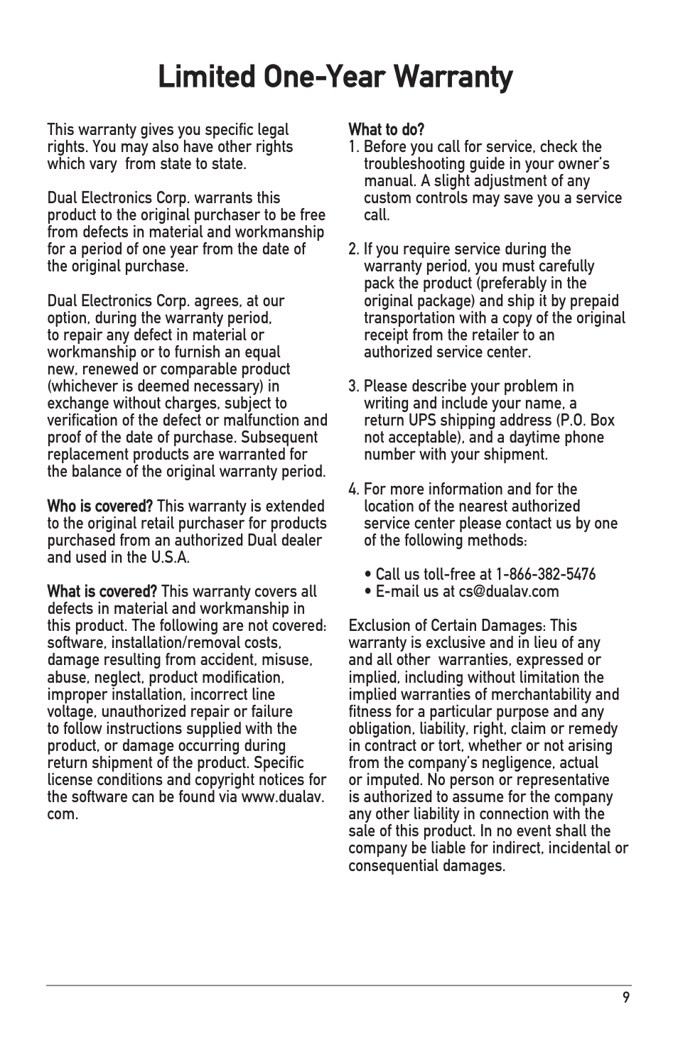 Limited one-year warranty | Dual Electronics XPR540 User Manual | Page 9 / 12