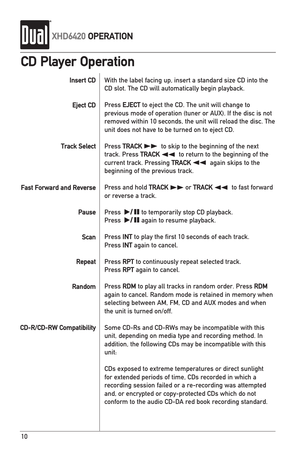 Cd player operation | Dual Electronics XHD6420 User Manual | Page 10 / 20