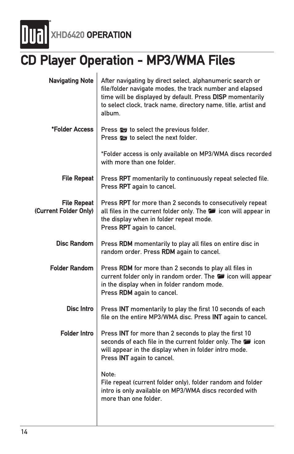 Cd player operation - mp3/wma files, Xhd6420 operation | Dual Electronics XHD6420 User Manual | Page 14 / 20