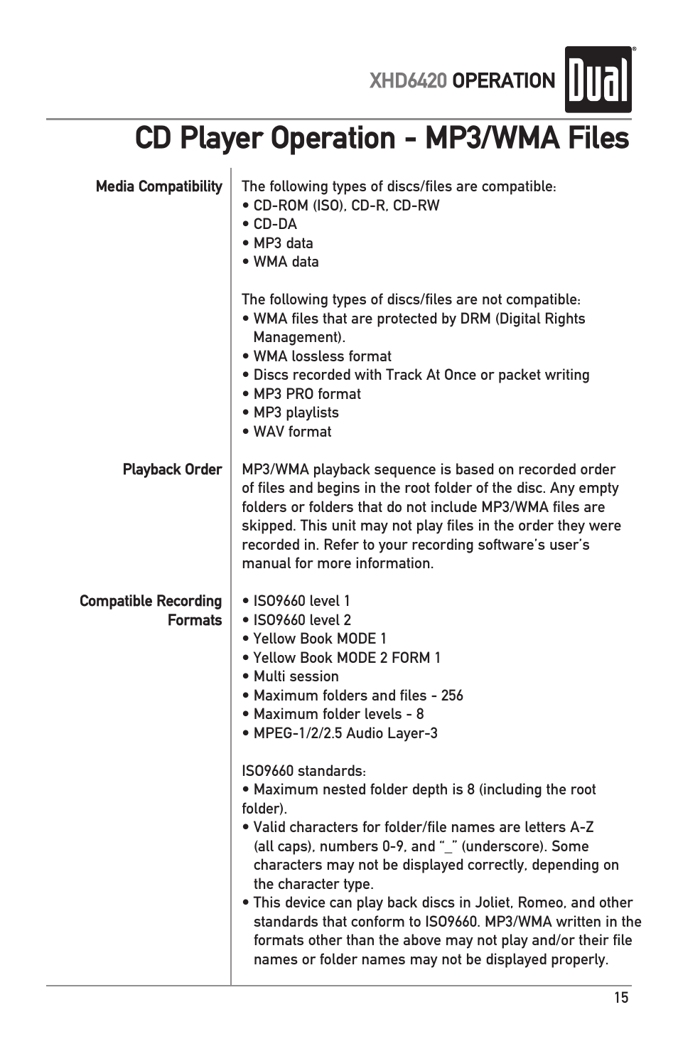 Cd player operation - mp3/wma files, Xhd6420 operation | Dual Electronics XHD6420 User Manual | Page 15 / 20