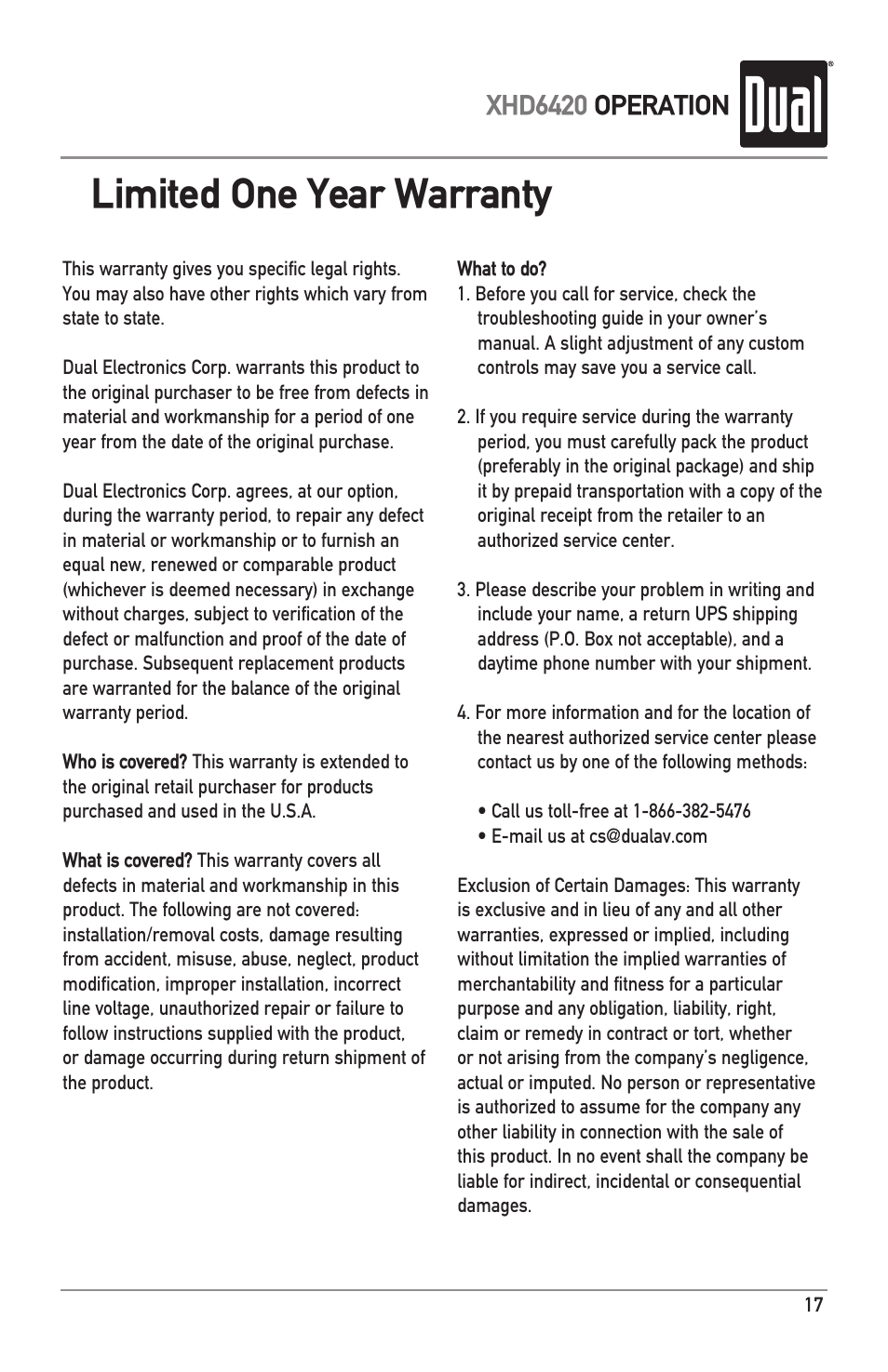 Limited one year warranty, Xhd6420 operation | Dual Electronics XHD6420 User Manual | Page 17 / 20