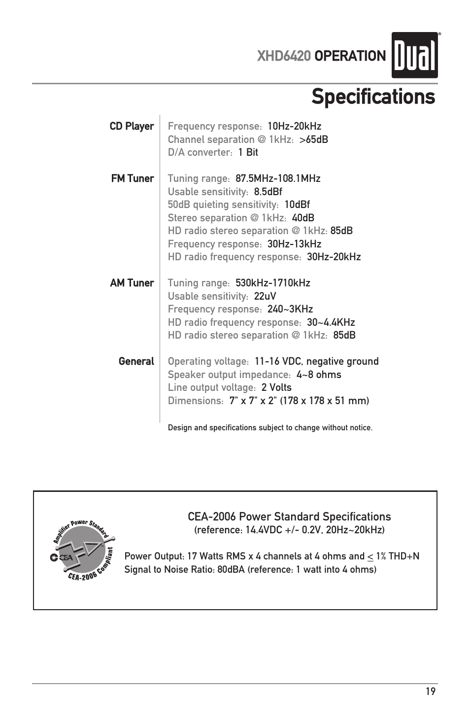Specifications, Xhd6420 operation | Dual Electronics XHD6420 User Manual | Page 19 / 20