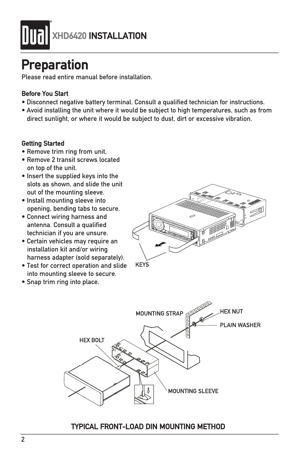 Preparation, Xhd6420 installation | Dual Electronics XHD6420 User Manual | Page 2 / 20
