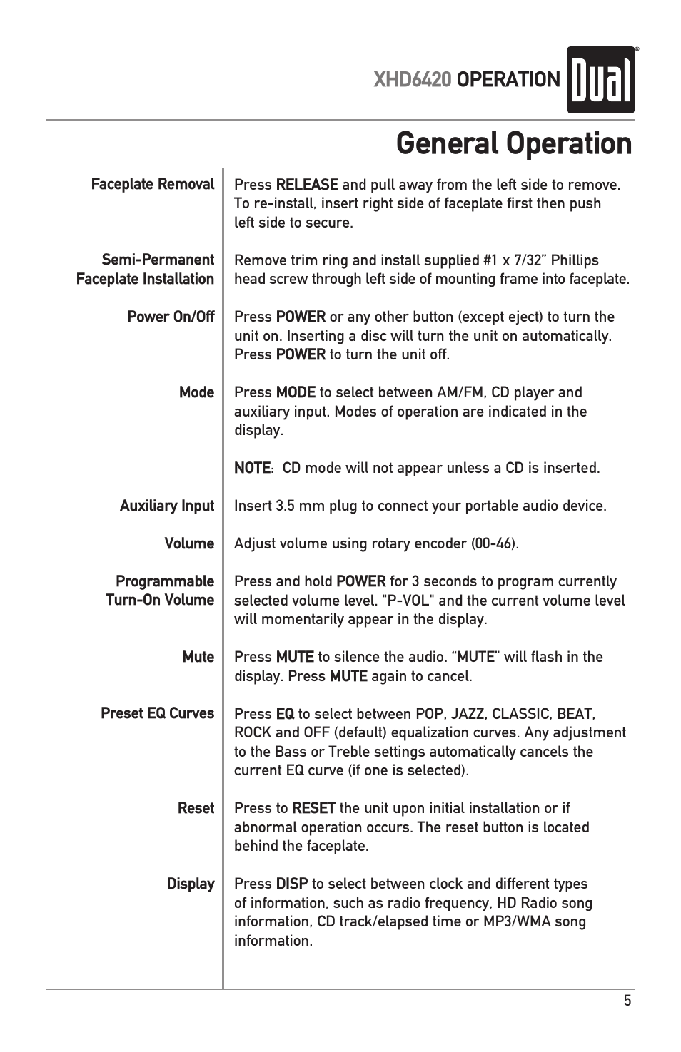 General operation, Xhd6420 operation | Dual Electronics XHD6420 User Manual | Page 5 / 20