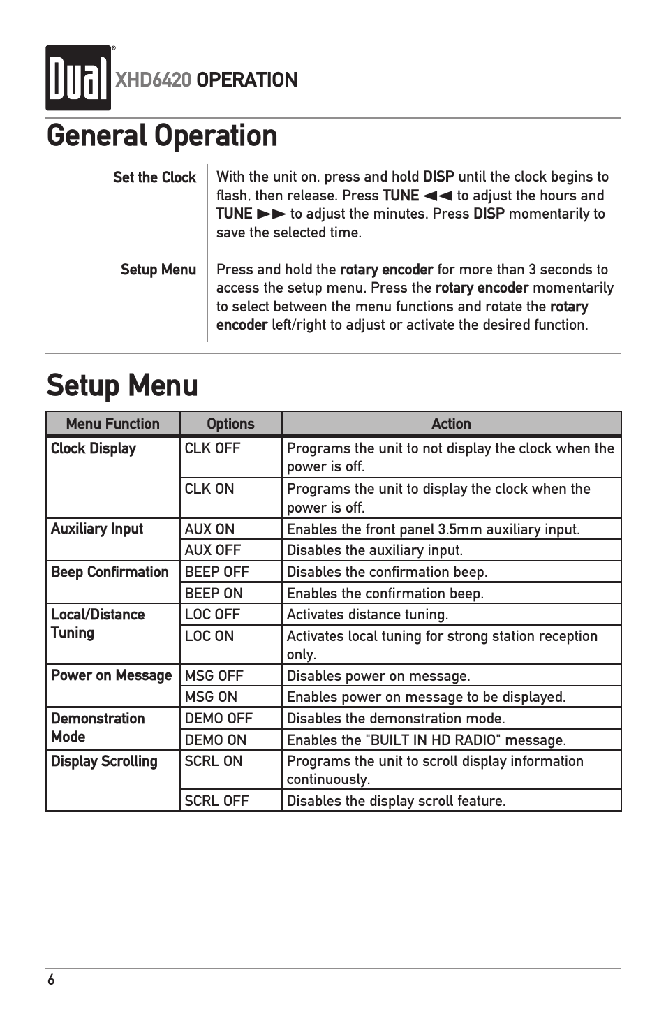 General operation setup menu, Xhd6420 operation | Dual Electronics XHD6420 User Manual | Page 6 / 20