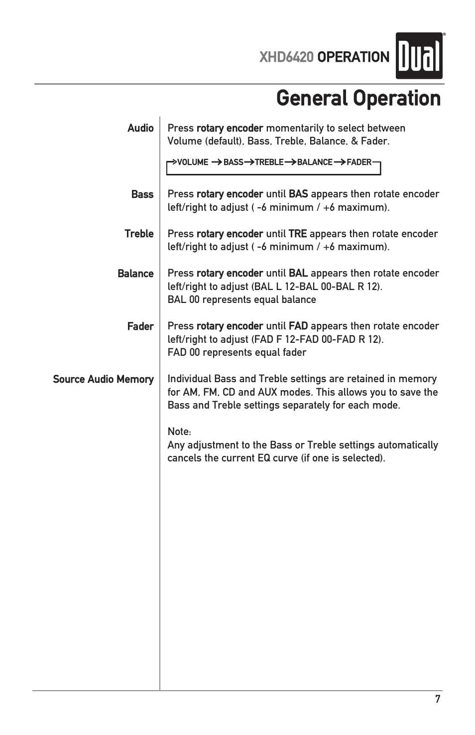 General operation, Xhd6420 operation | Dual Electronics XHD6420 User Manual | Page 7 / 20