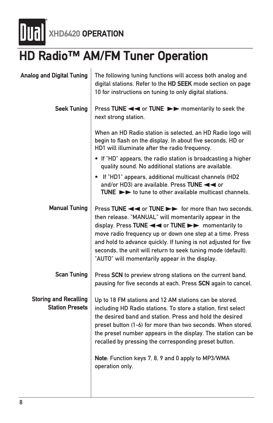 Hd radio™ am/fm tuner operation | Dual Electronics XHD6420 User Manual | Page 8 / 20