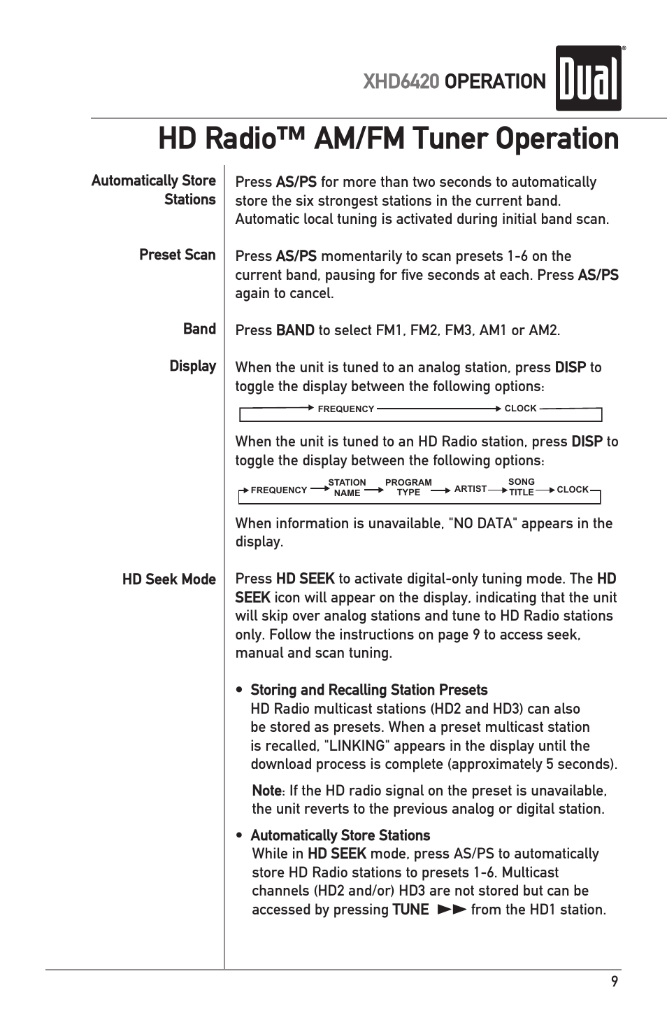 Hd radio™ am/fm tuner operation, Xhd6420 operation | Dual Electronics XHD6420 User Manual | Page 9 / 20