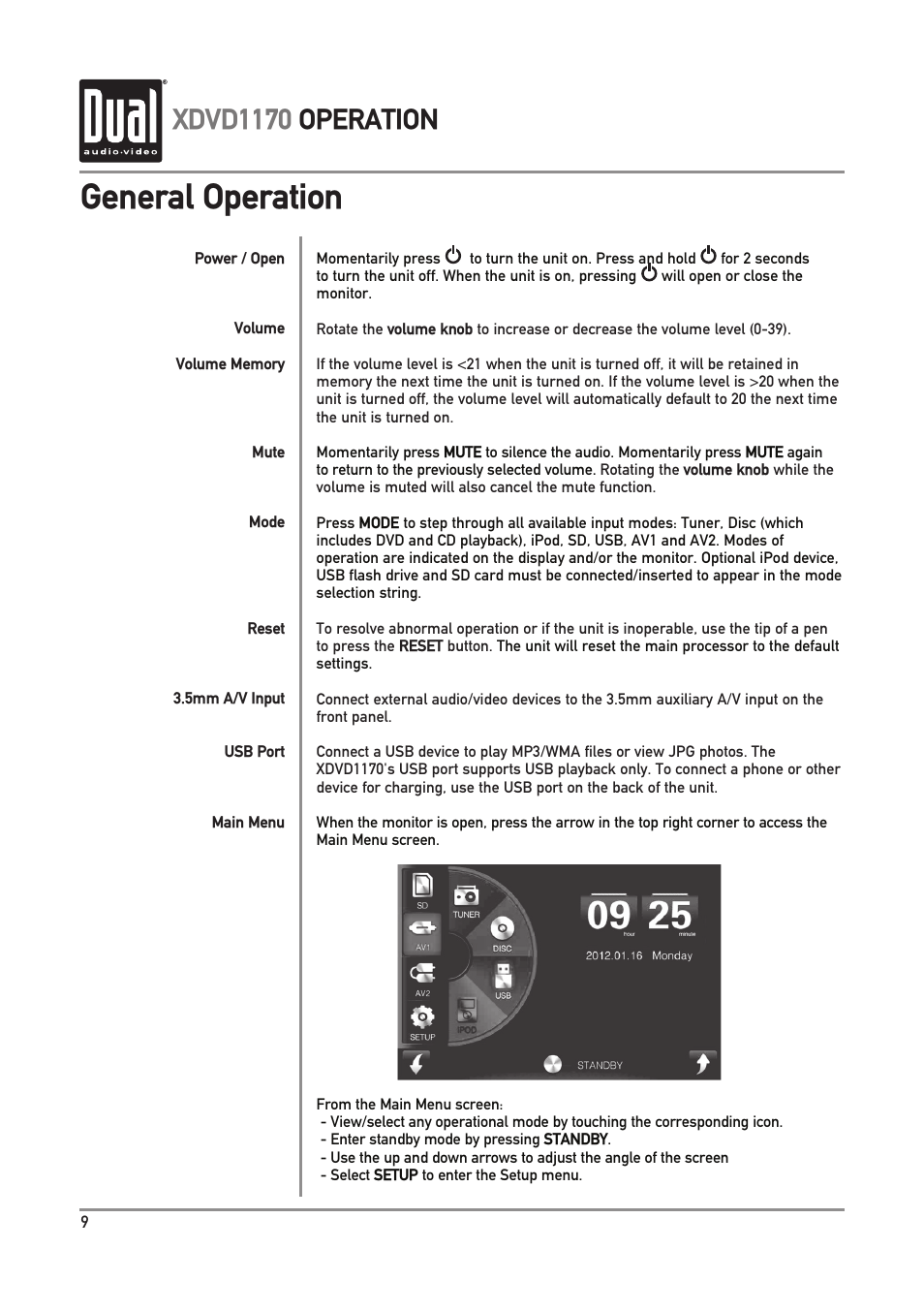General operation, Xdvd1170 operation | Dual Electronics XDVD1170 User Manual | Page 10 / 34