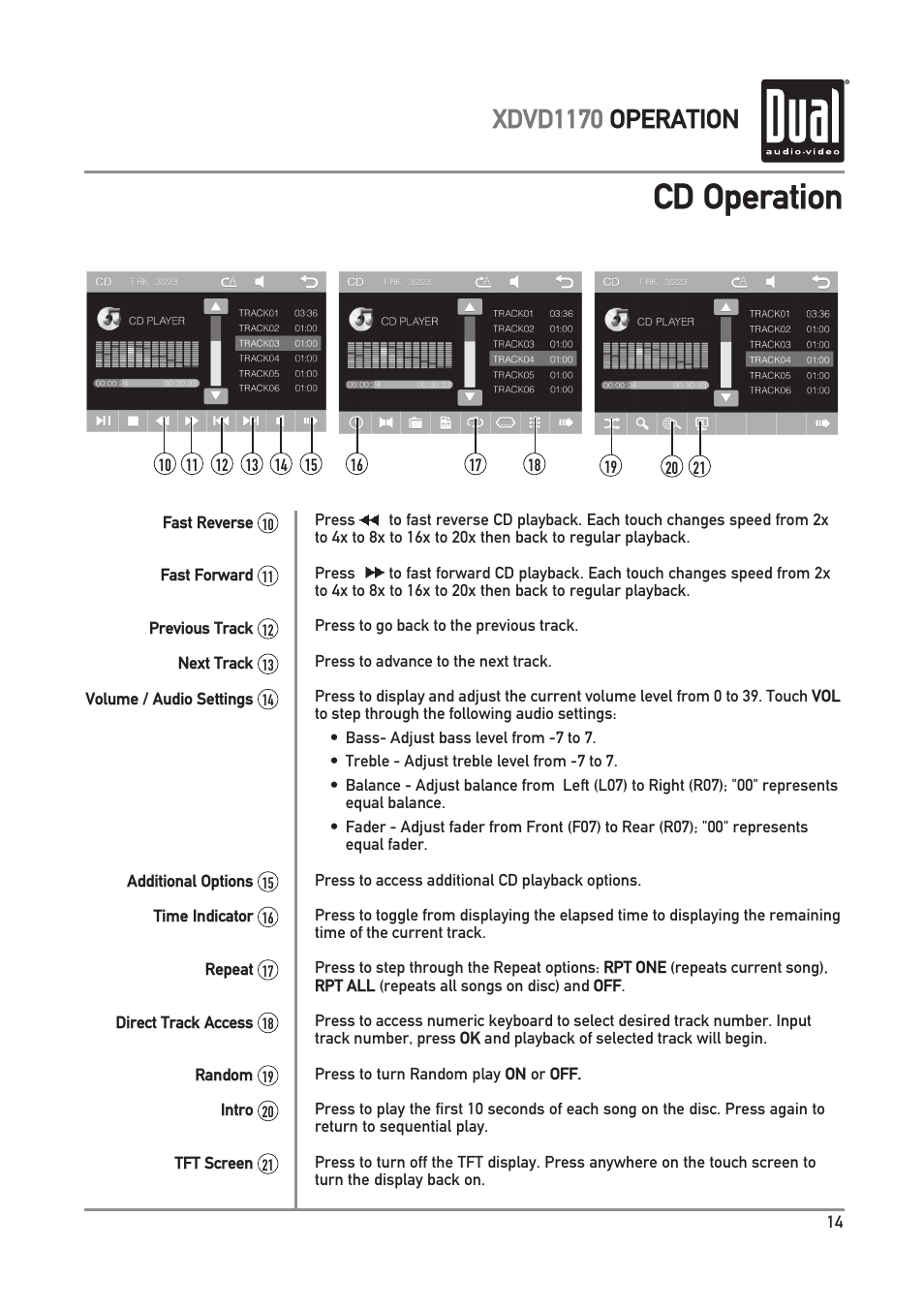 Cd operation, Xdvd1170 operation | Dual Electronics XDVD1170 User Manual | Page 15 / 34
