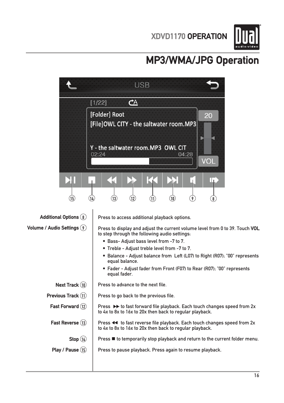 Mp3/wma/jpg operation, Xdvd1170 operation | Dual Electronics XDVD1170 User Manual | Page 17 / 34