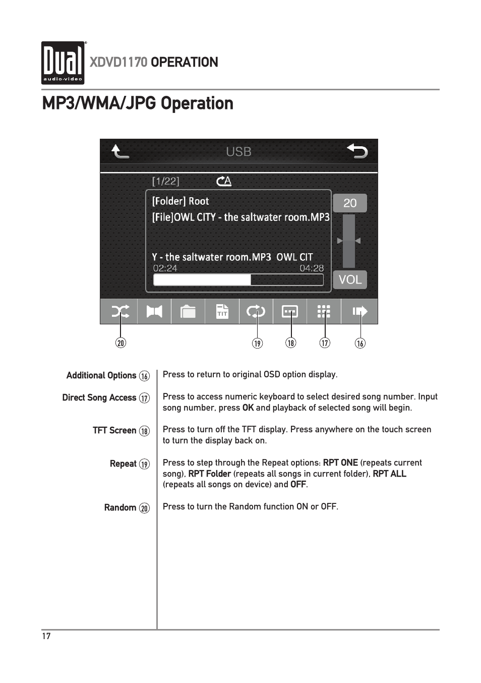 Mp3/wma/jpg operation, Xdvd1170 operation | Dual Electronics XDVD1170 User Manual | Page 18 / 34