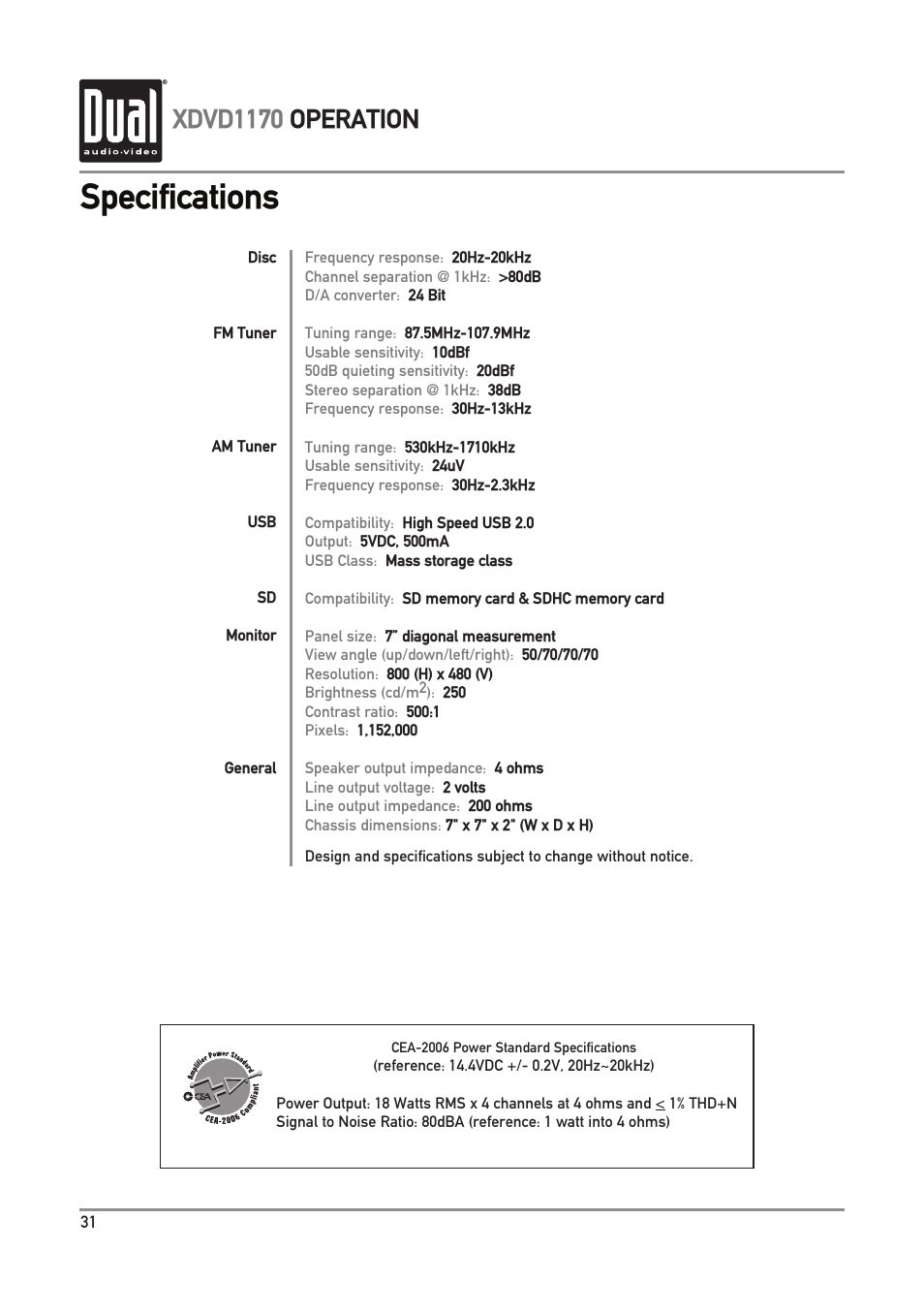 Specifications, Xdvd1170 operation | Dual Electronics XDVD1170 User Manual | Page 32 / 34