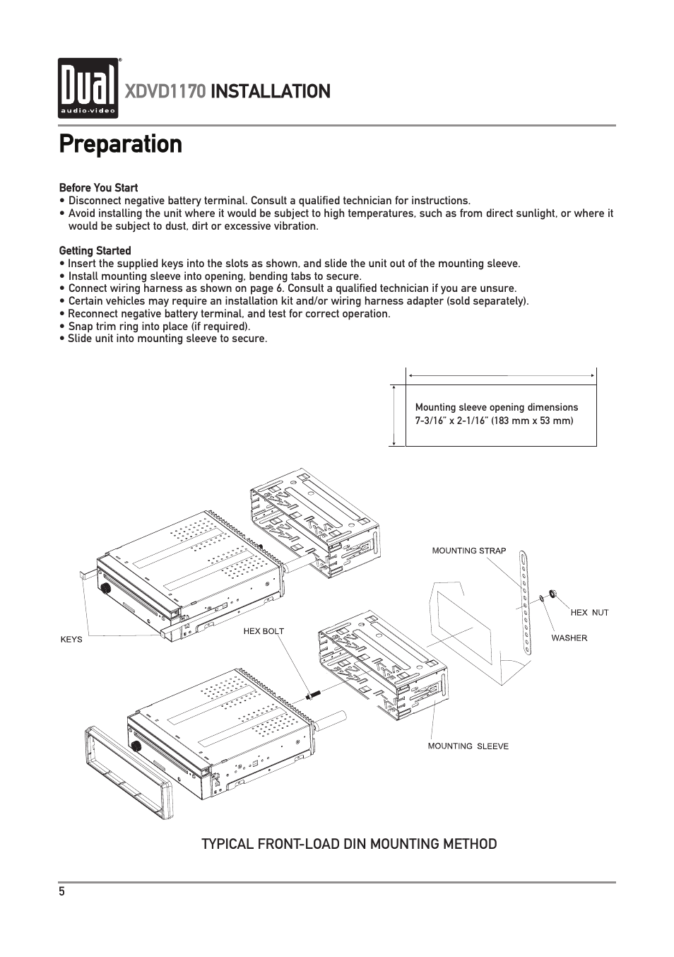 Preparation, Xdvd1170 installation | Dual Electronics XDVD1170 User Manual | Page 6 / 34