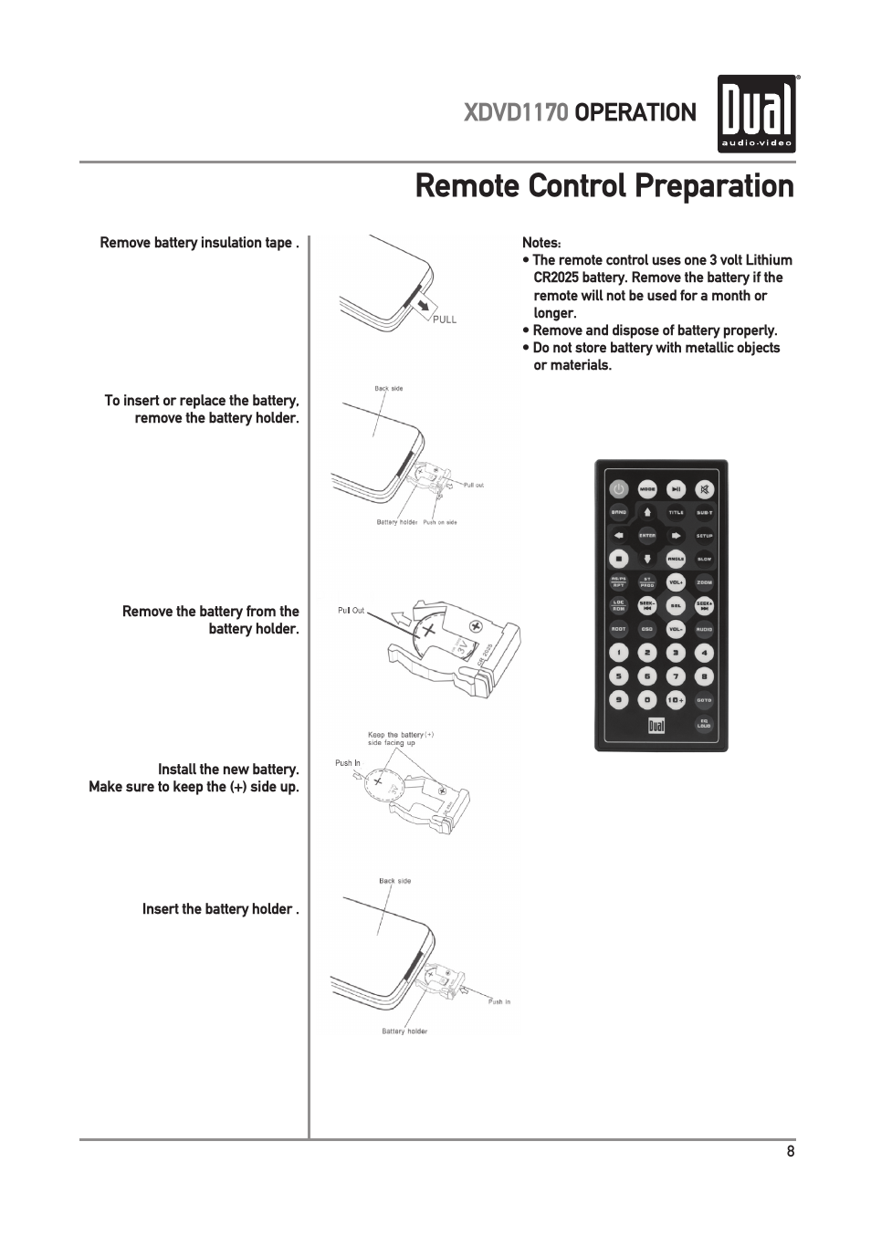 Remote control preparation, Xdvd1170 operation | Dual Electronics XDVD1170 User Manual | Page 9 / 34
