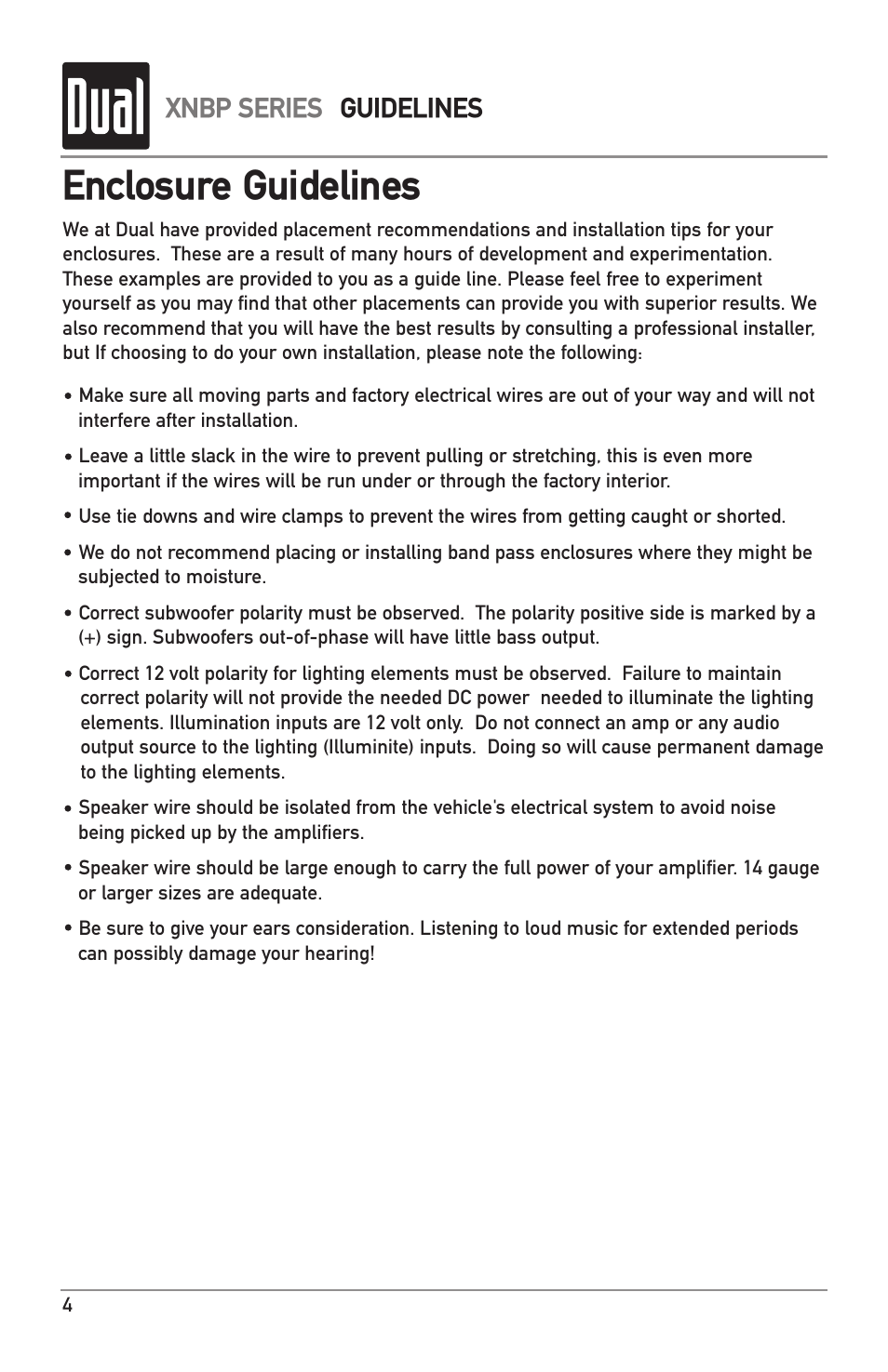 Enclosure guidelines, Xnbp series guidelines | Dual Electronics XNBP12D User Manual | Page 4 / 8