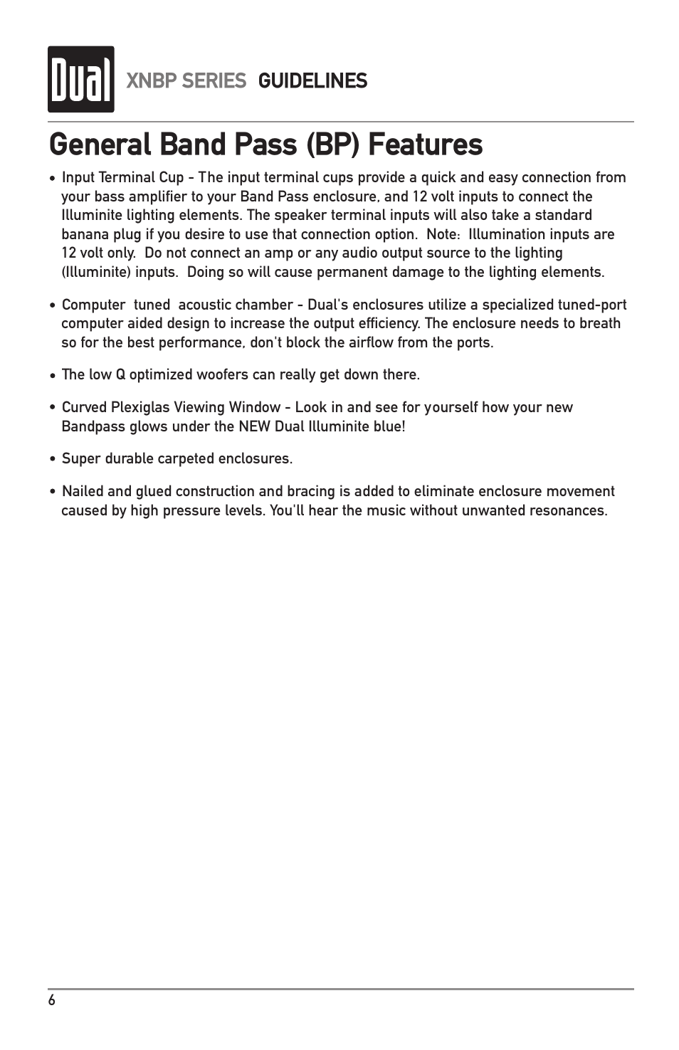 General band pass (bp) features, Xnbp series guidelines | Dual Electronics XNBP12D User Manual | Page 6 / 8