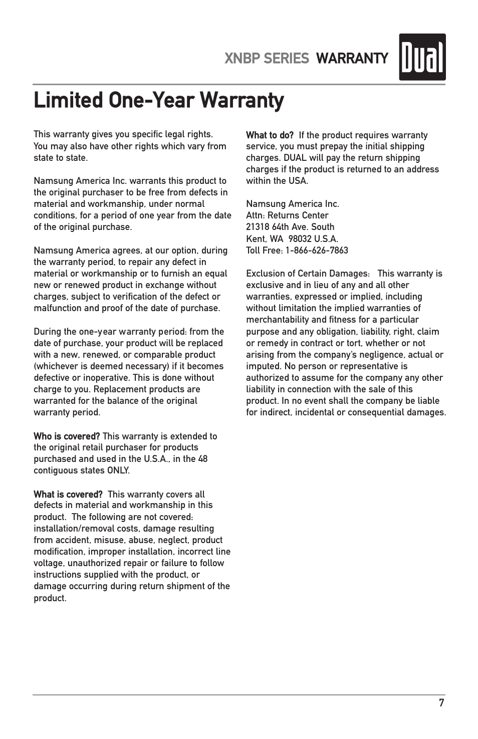 Limited one-year warranty, Xnbp series warranty | Dual Electronics XNBP12D User Manual | Page 7 / 8