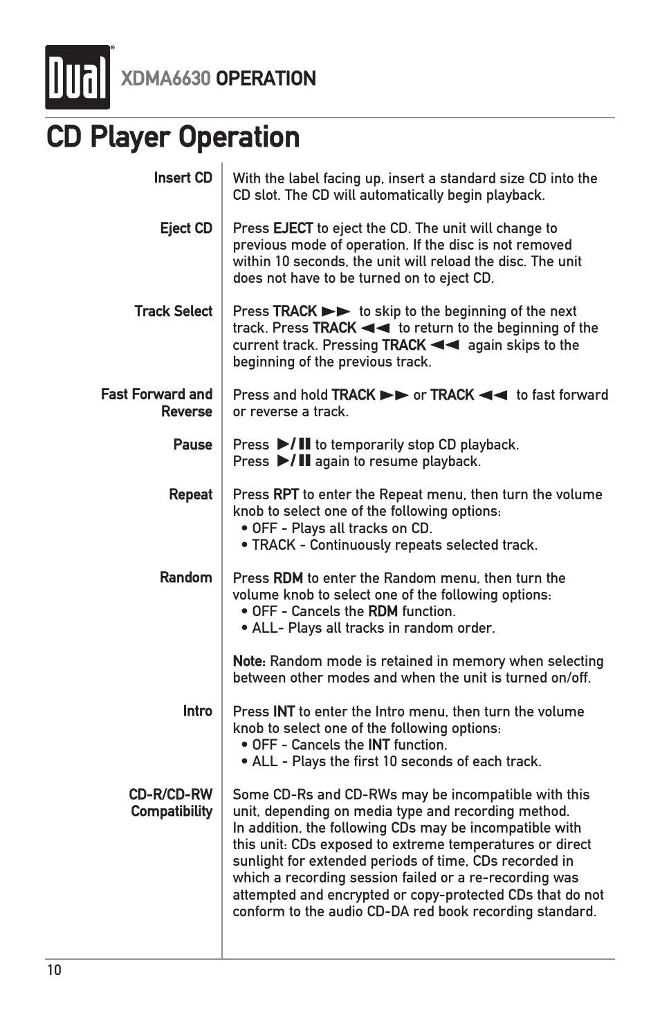 Cd player operation, Xdma6630 operation | Dual Electronics XDMA6630 User Manual | Page 10 / 32