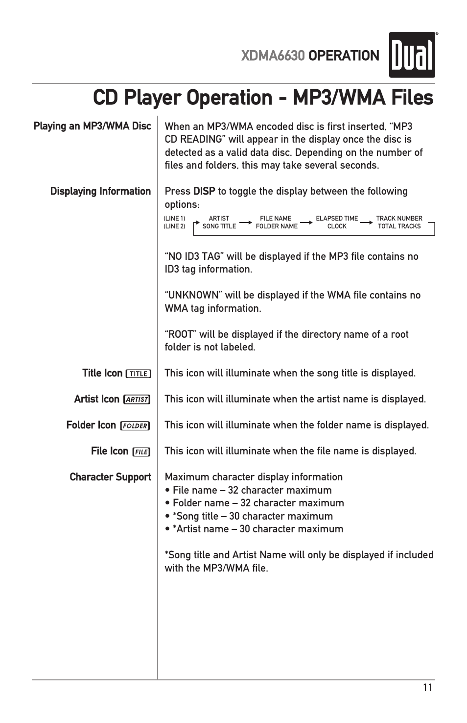 Cd player operation - mp3/wma files, Xdma6630 operation | Dual Electronics XDMA6630 User Manual | Page 11 / 32