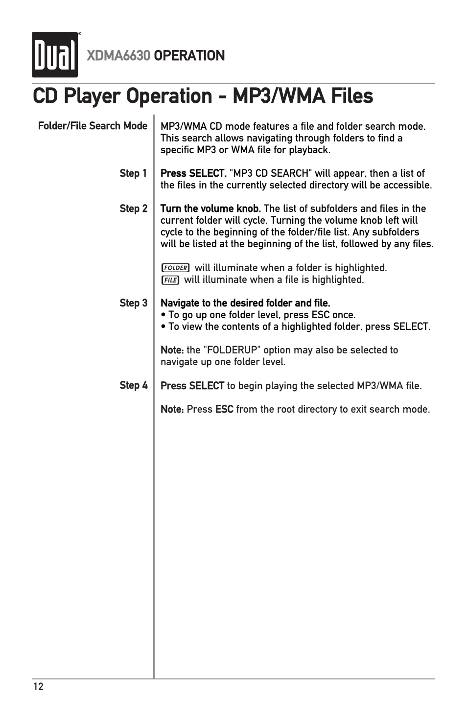 Cd player operation - mp3/wma files, Xdma6630 operation | Dual Electronics XDMA6630 User Manual | Page 12 / 32