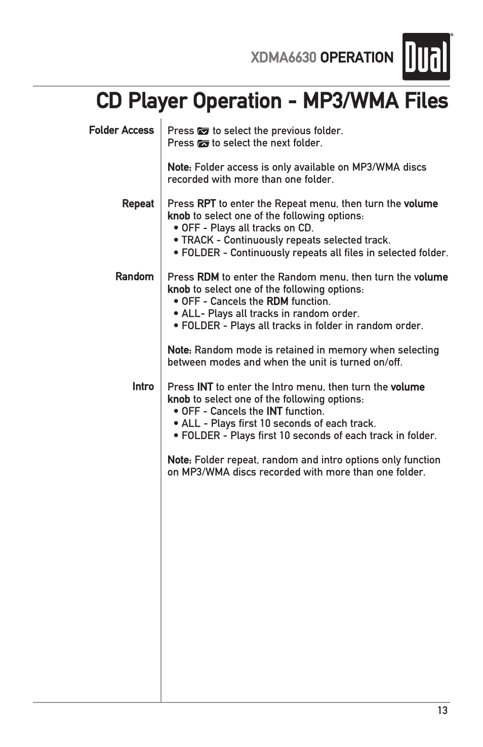 Cd player operation - mp3/wma files, Xdma6630 operation | Dual Electronics XDMA6630 User Manual | Page 13 / 32