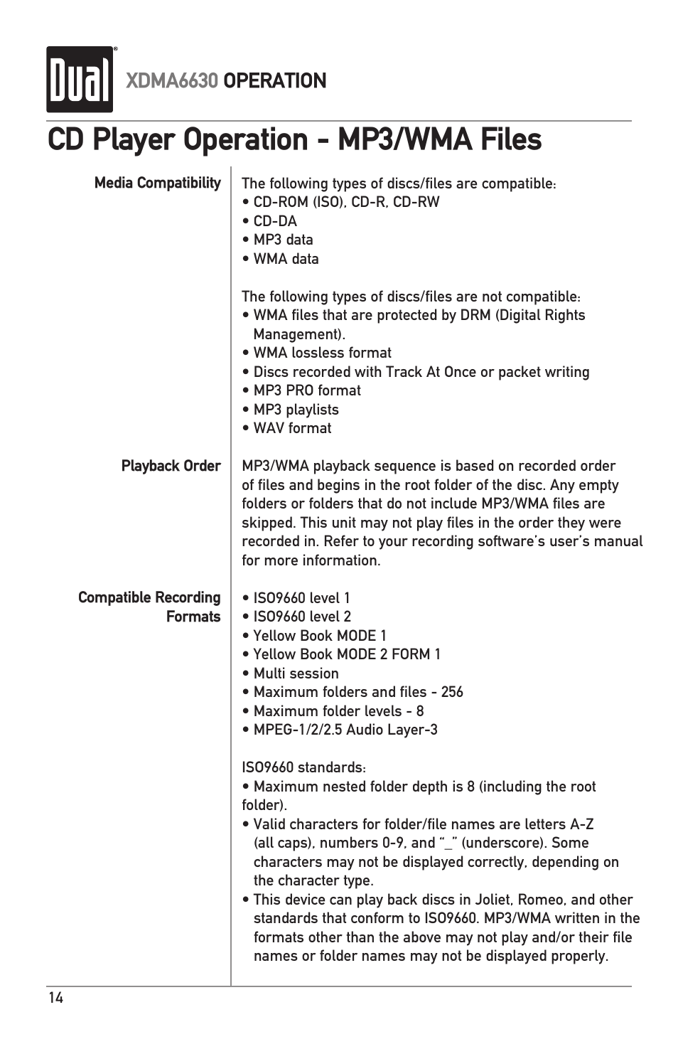 Cd player operation - mp3/wma files, Xdma6630 operation | Dual Electronics XDMA6630 User Manual | Page 14 / 32