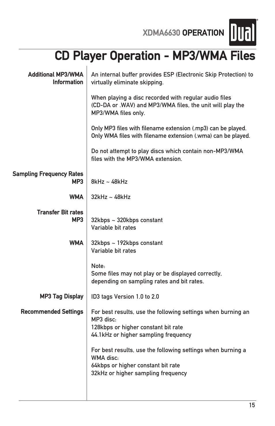 Cd player operation - mp3/wma files, Xdma6630 operation | Dual Electronics XDMA6630 User Manual | Page 15 / 32