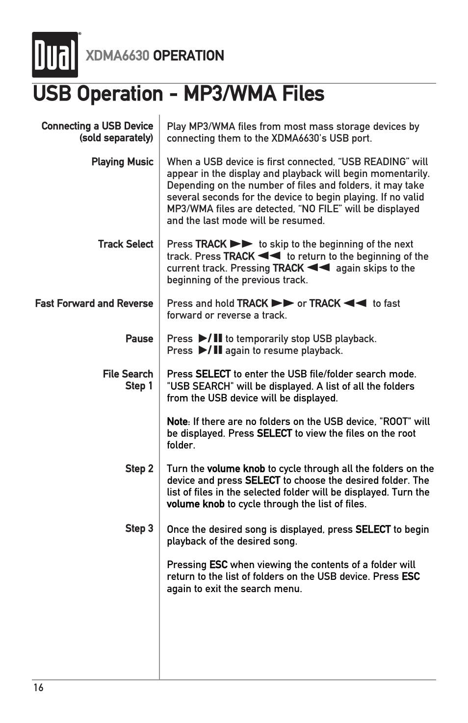 Usb operation - mp3/wma files | Dual Electronics XDMA6630 User Manual | Page 16 / 32