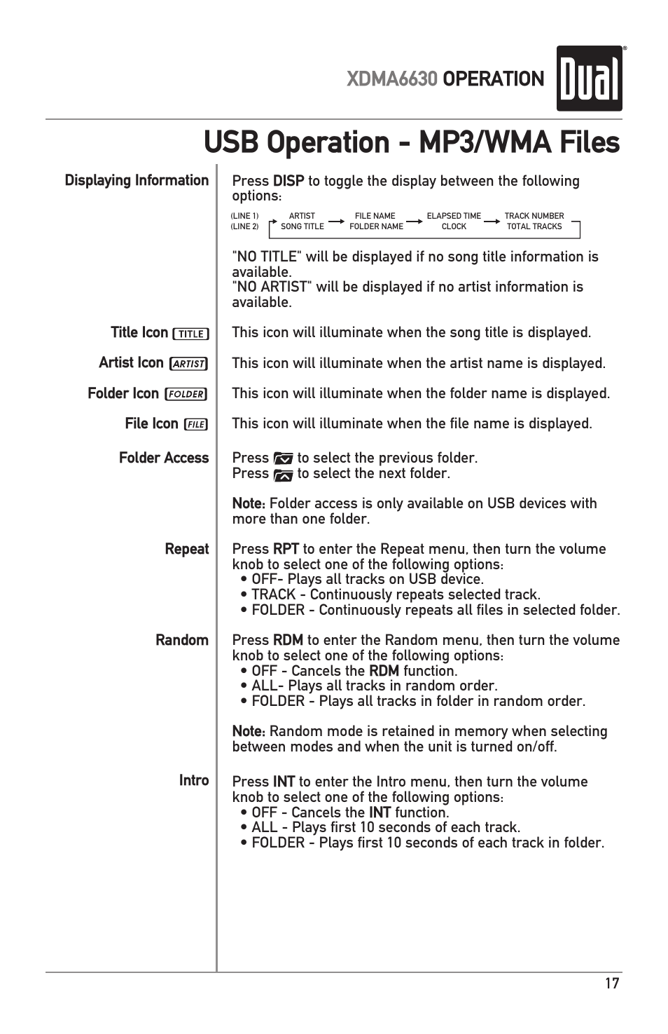 Usb operation - mp3/wma files, Xdma6630 operation | Dual Electronics XDMA6630 User Manual | Page 17 / 32