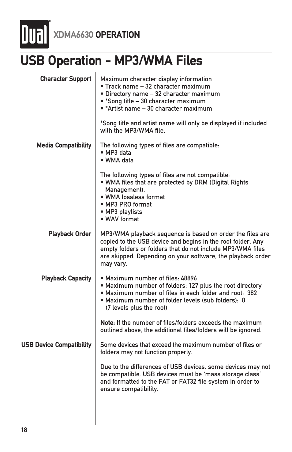 Usb operation - mp3/wma files, Xdma6630 operation | Dual Electronics XDMA6630 User Manual | Page 18 / 32