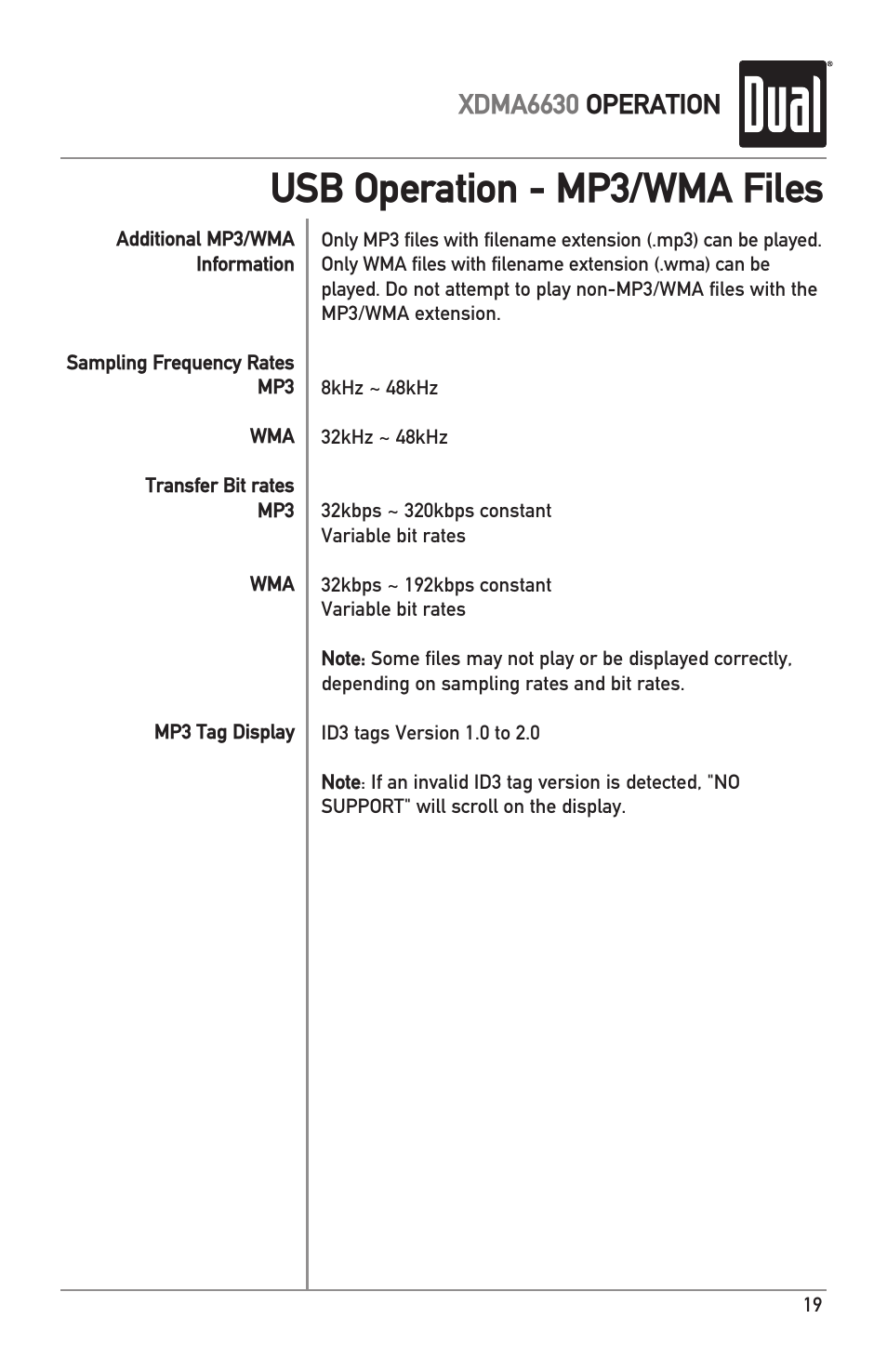 Usb operation - mp3/wma files, Xdma6630 operation | Dual Electronics XDMA6630 User Manual | Page 19 / 32