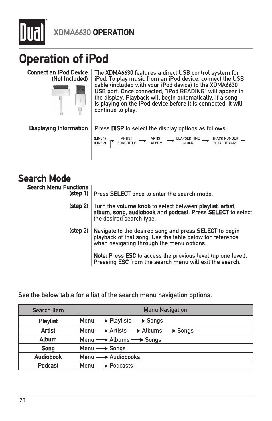 Operation of ipod, Search mode, Xdma6630 operation | Dual Electronics XDMA6630 User Manual | Page 20 / 32