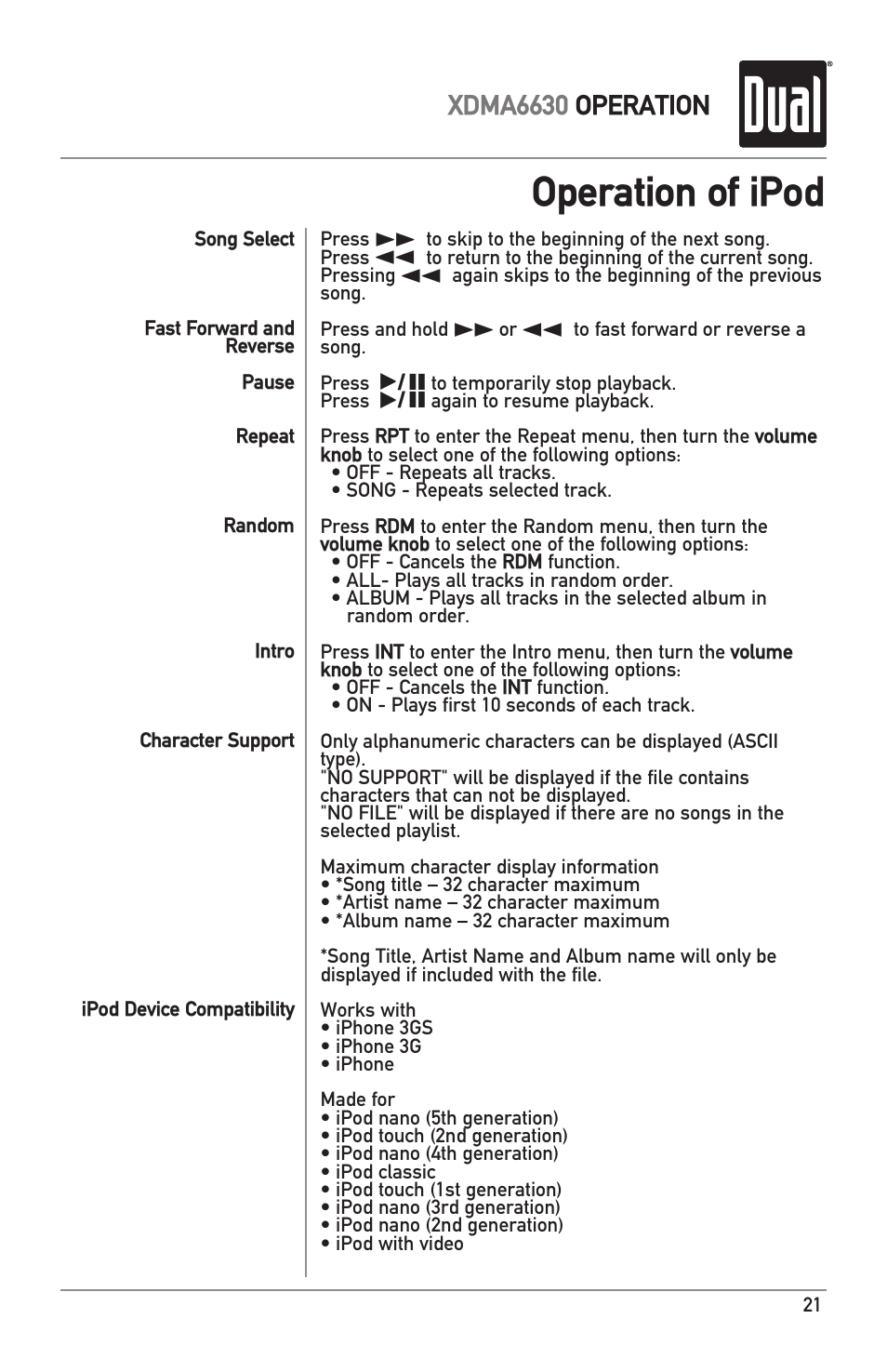 Operation of ipod, Xdma6630 operation | Dual Electronics XDMA6630 User Manual | Page 21 / 32