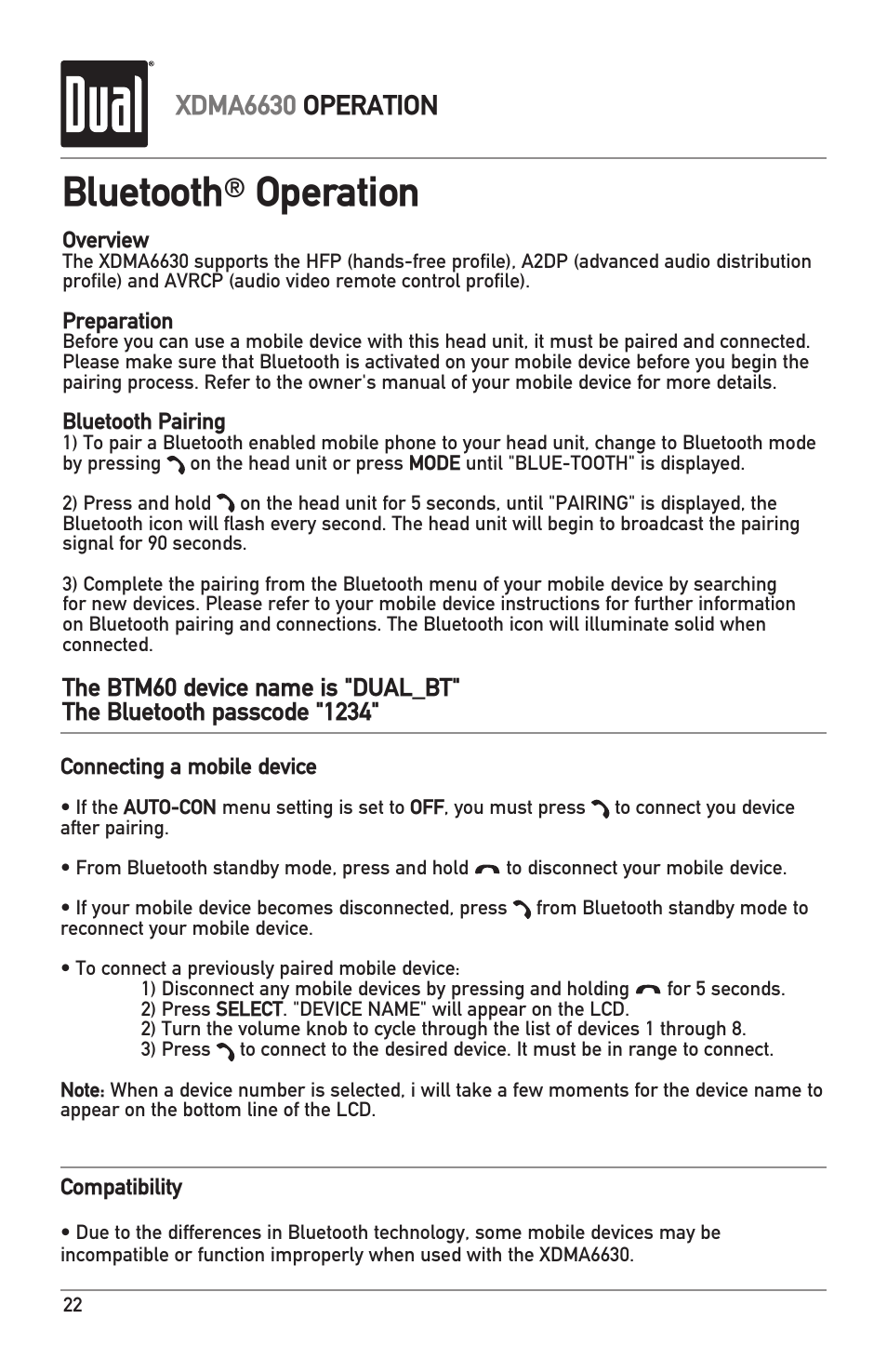Bluetooth, Operation, Xdma6630 operation | Dual Electronics XDMA6630 User Manual | Page 22 / 32