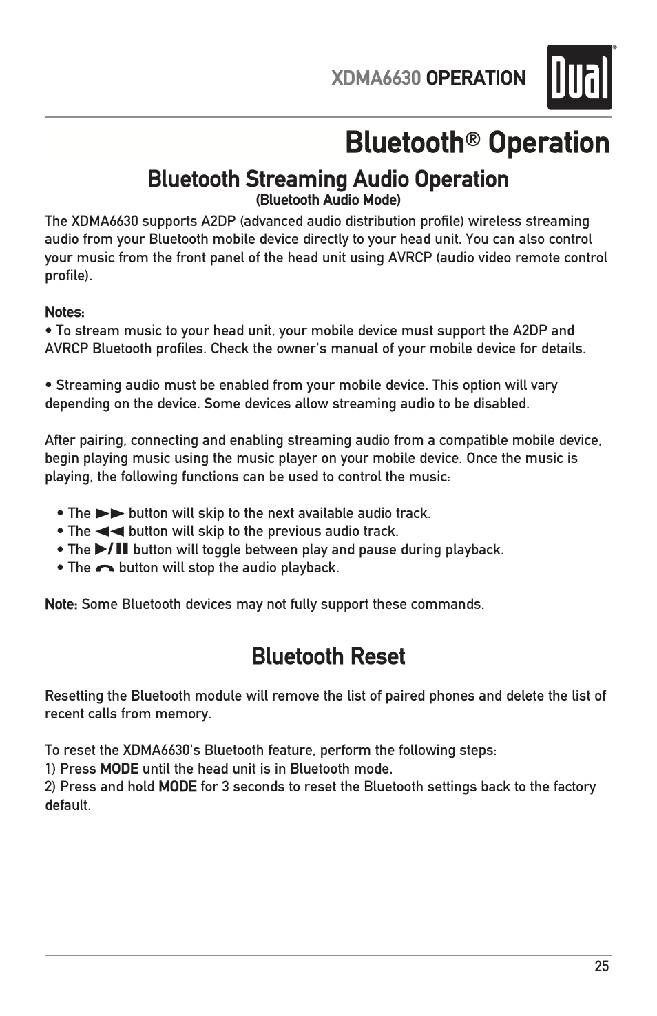 Bluetooth, Operation, Bluetooth reset | Bluetooth streaming audio operation | Dual Electronics XDMA6630 User Manual | Page 25 / 32