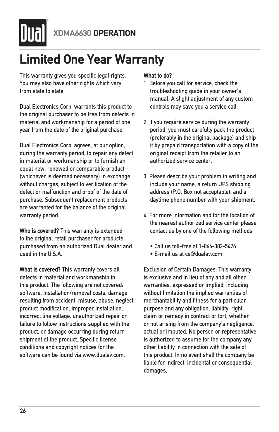 Limited one year warranty, Xdma6630 operation | Dual Electronics XDMA6630 User Manual | Page 26 / 32