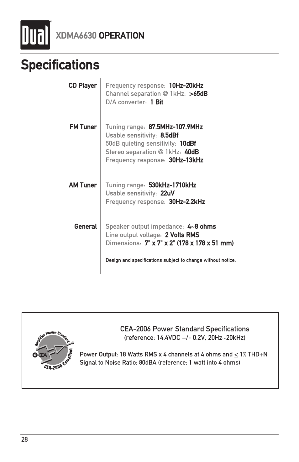 Specifications, Xdma6630 operation | Dual Electronics XDMA6630 User Manual | Page 28 / 32