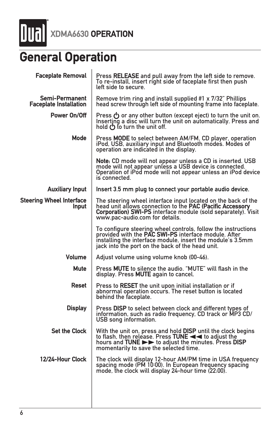 General operation, Xdma6630 operation | Dual Electronics XDMA6630 User Manual | Page 6 / 32