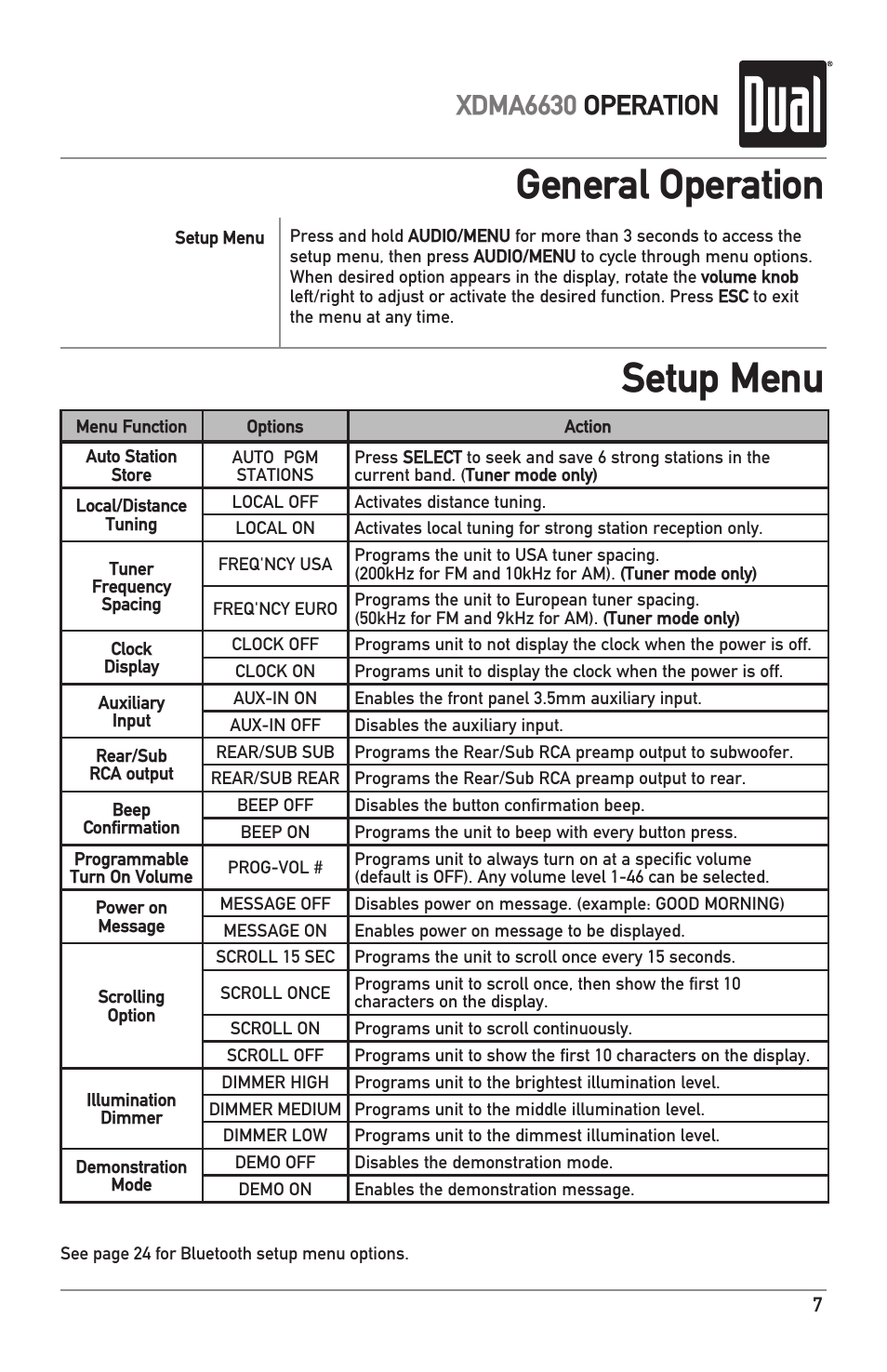 General operation setup menu, Xdma6630 operation | Dual Electronics XDMA6630 User Manual | Page 7 / 32