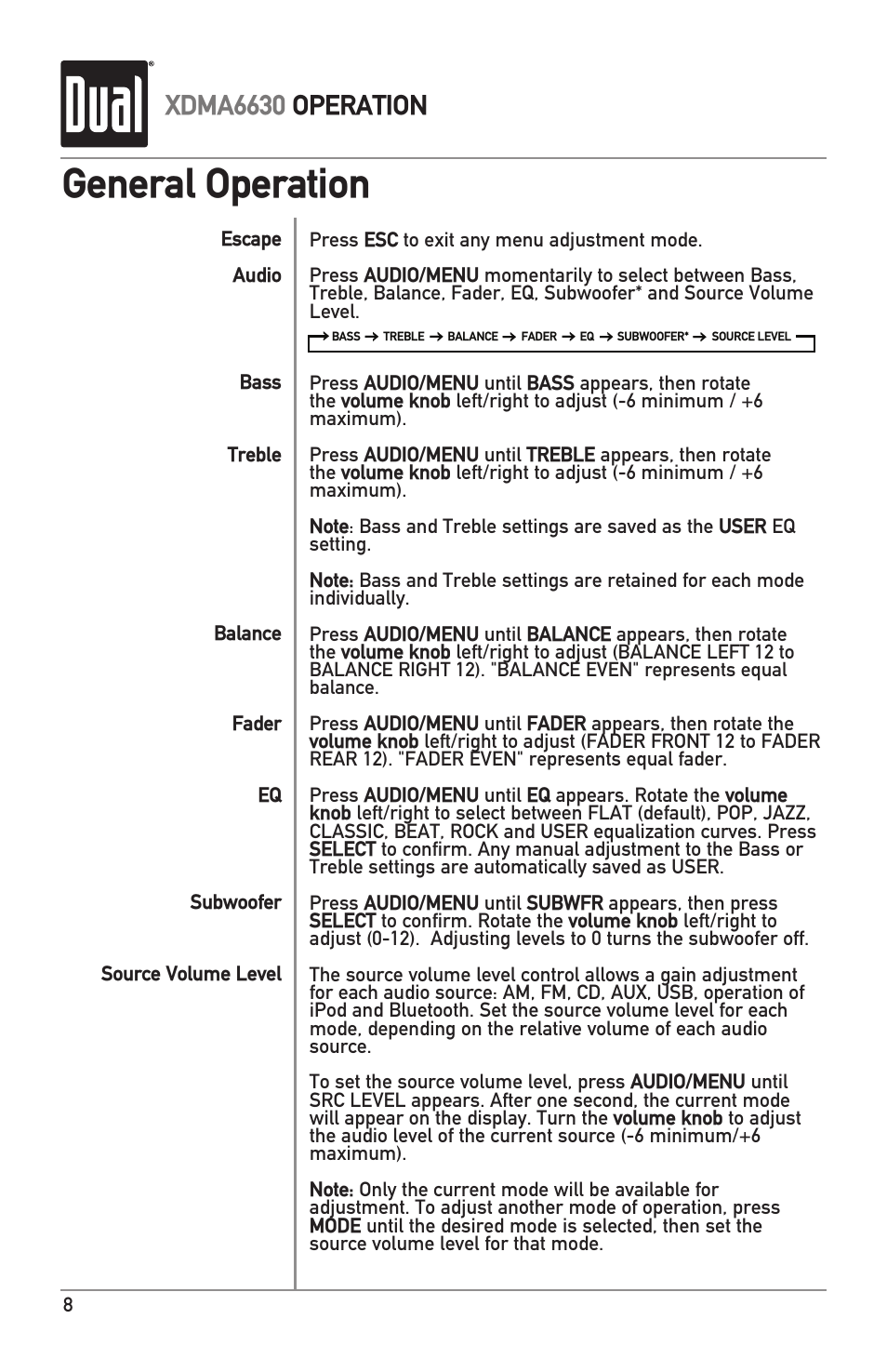 General operation, Xdma6630 operation | Dual Electronics XDMA6630 User Manual | Page 8 / 32