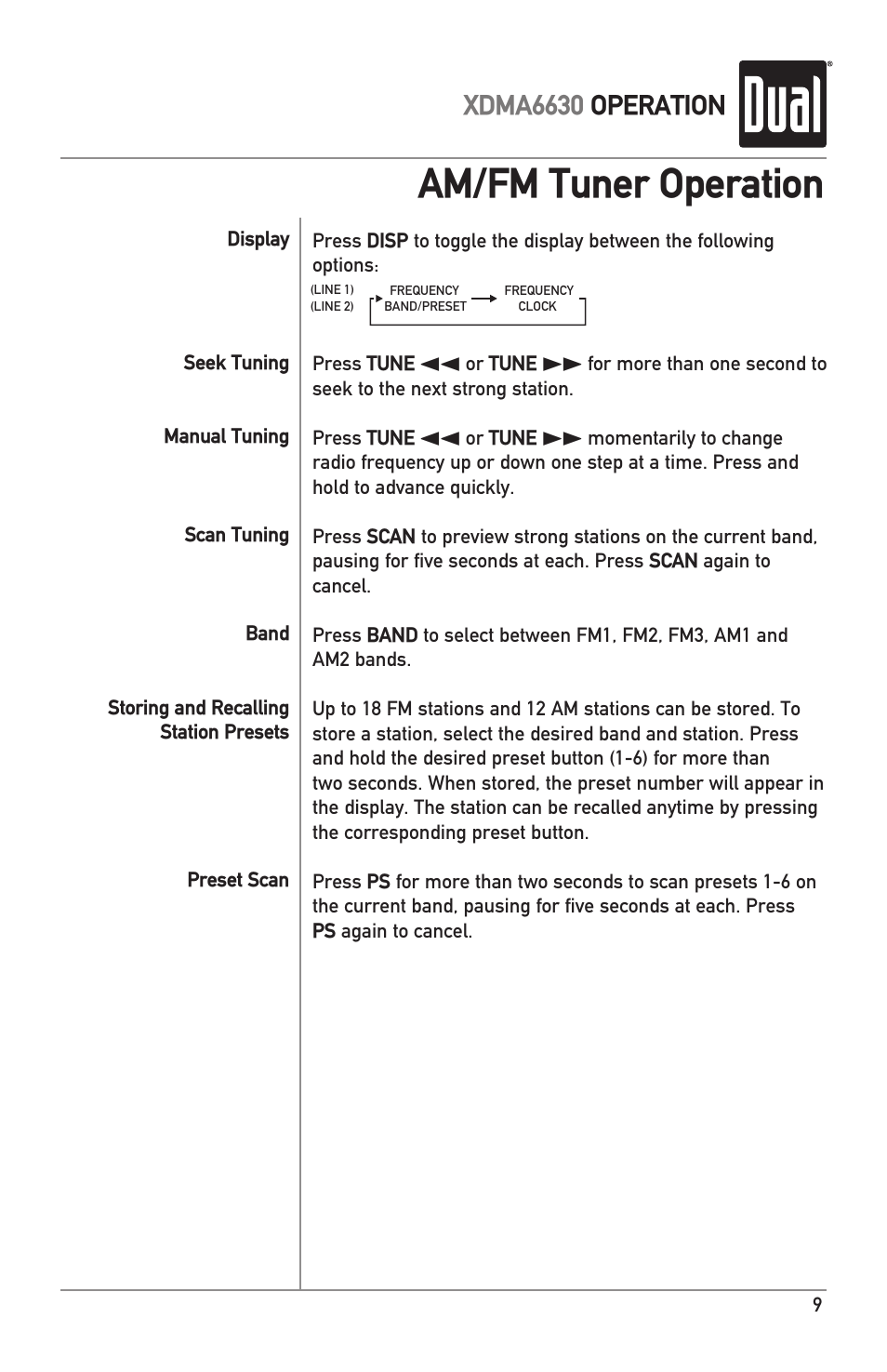 Am/fm tuner operation, Xdma6630 operation | Dual Electronics XDMA6630 User Manual | Page 9 / 32