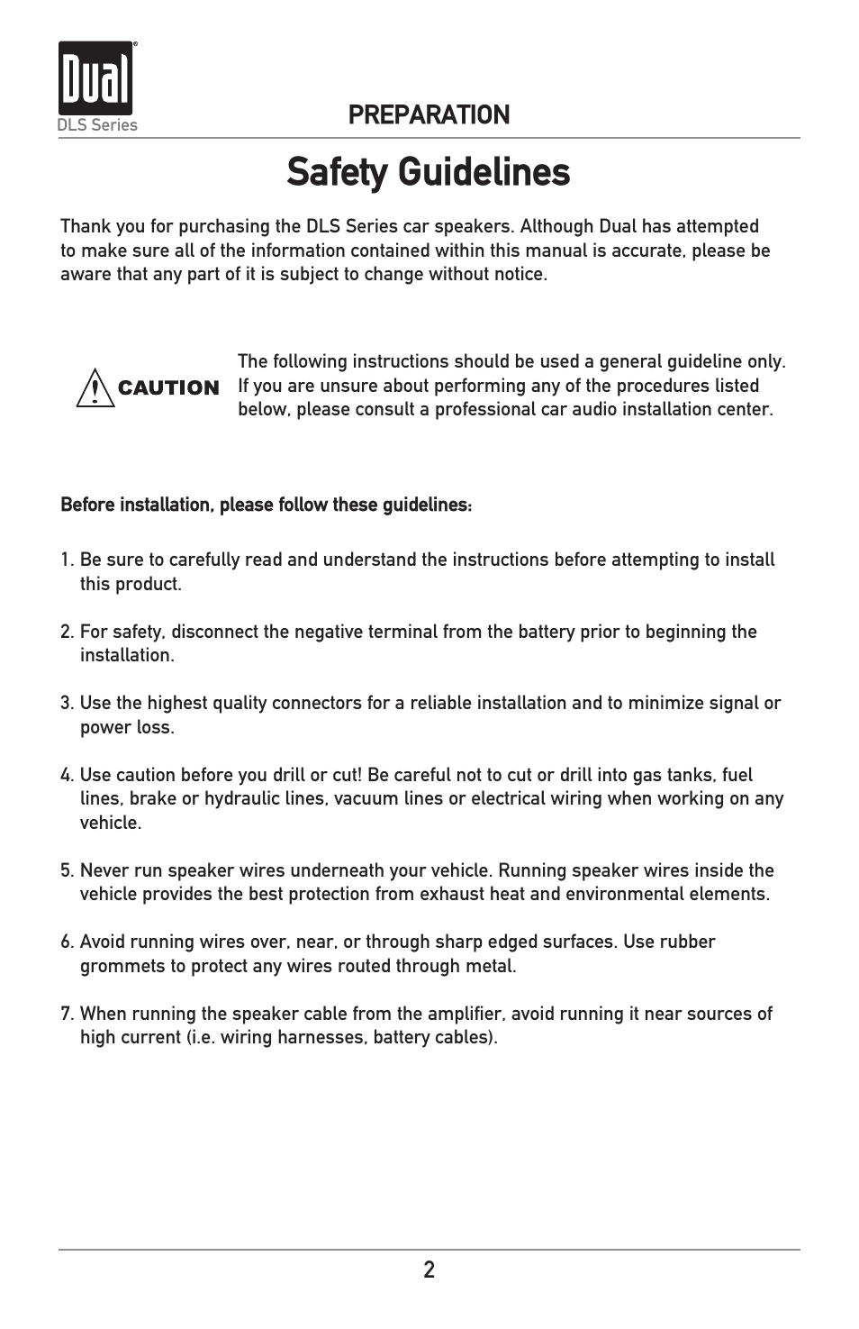 Safety guidelines, Preparation | Dual Electronics DLS Series new User Manual | Page 2 / 8
