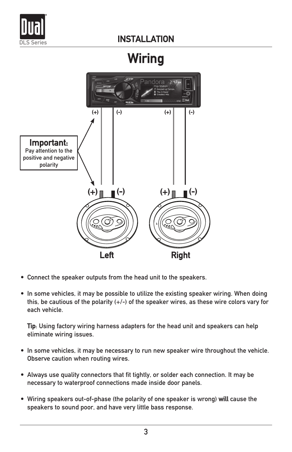 Wiring, Installation, Left right | Important | Dual Electronics DLS Series new User Manual | Page 3 / 8
