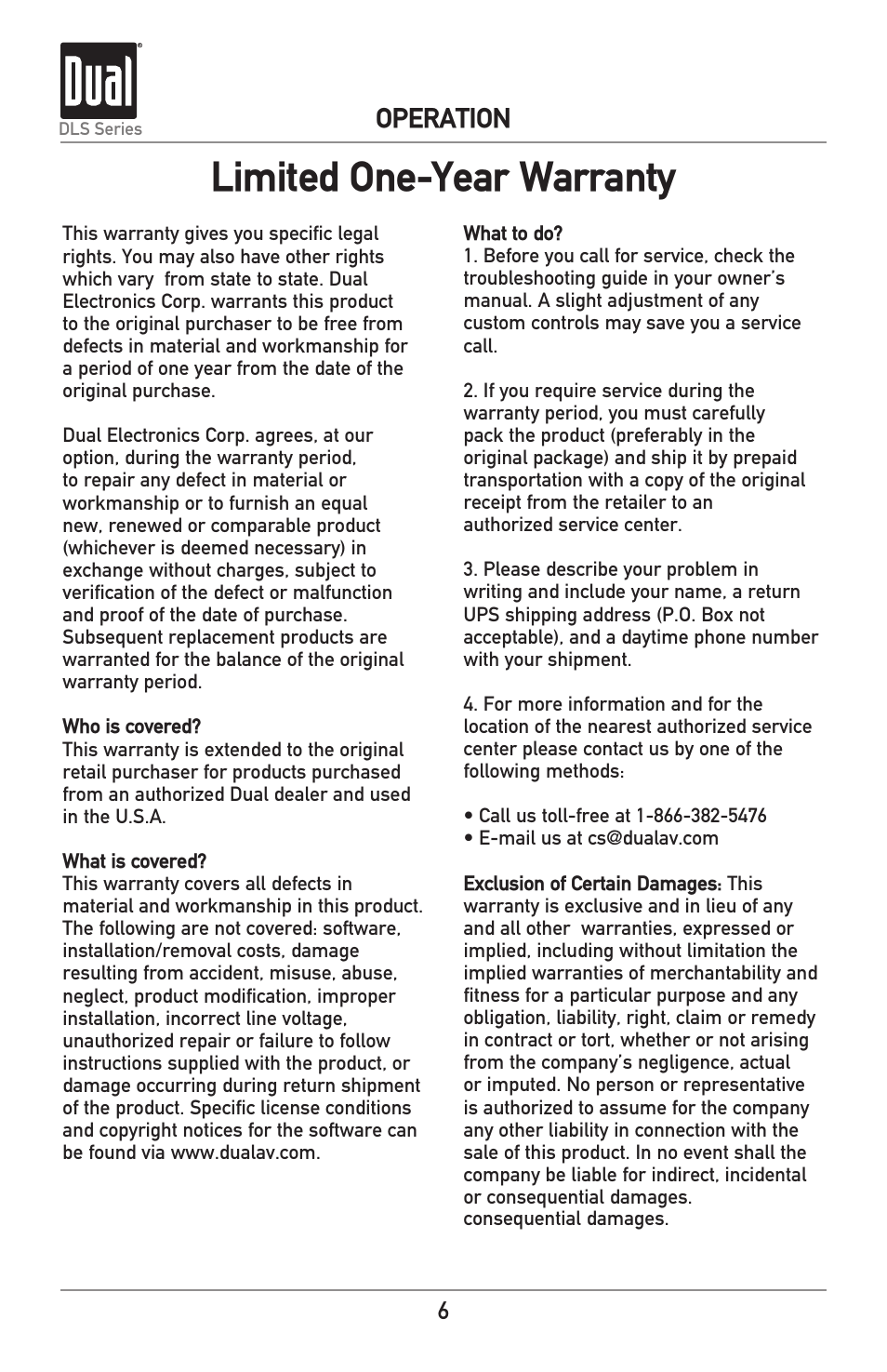 Limited one-year warranty, Operation | Dual Electronics DLS Series new User Manual | Page 6 / 8