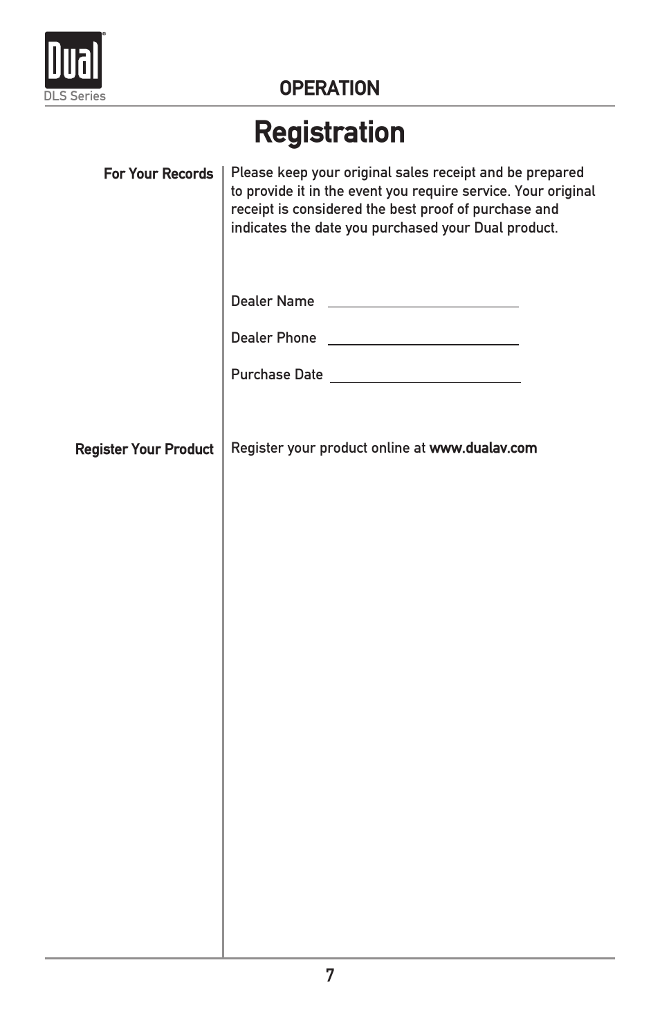 Registration, Operation | Dual Electronics DLS Series new User Manual | Page 7 / 8