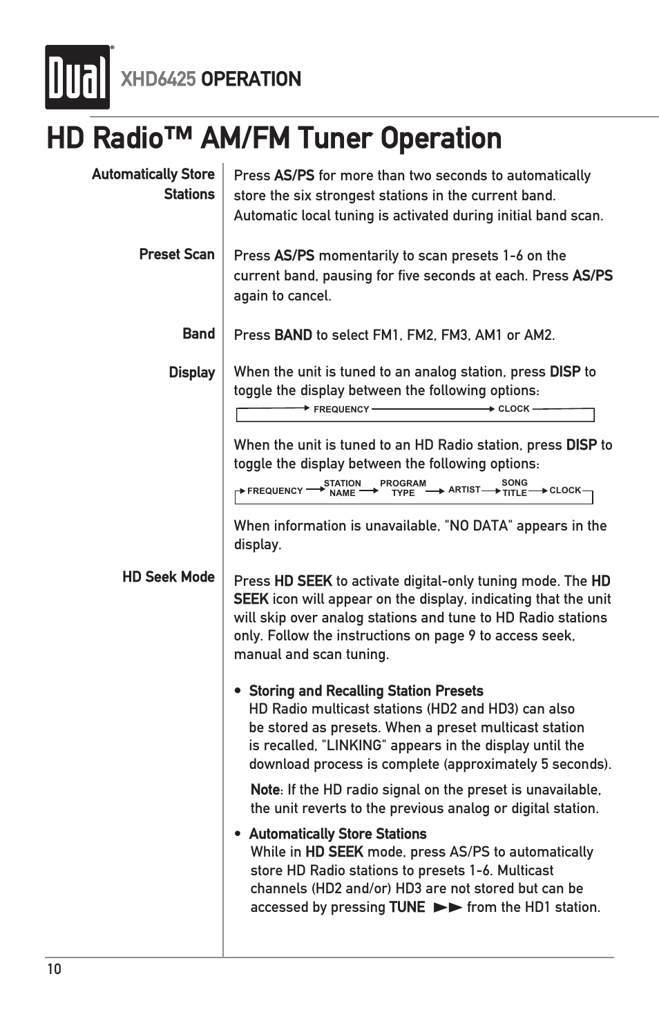 Hd radio™ am/fm tuner operation, Xhd6425 operation | Dual Electronics XHD6425 User Manual | Page 10 / 28