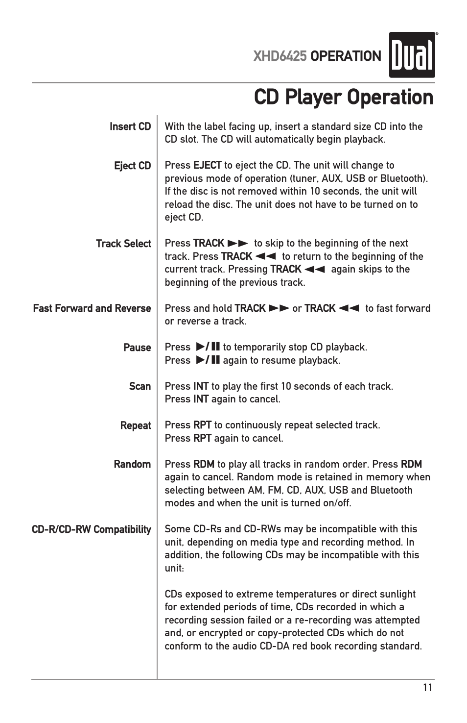 Cd player operation | Dual Electronics XHD6425 User Manual | Page 11 / 28