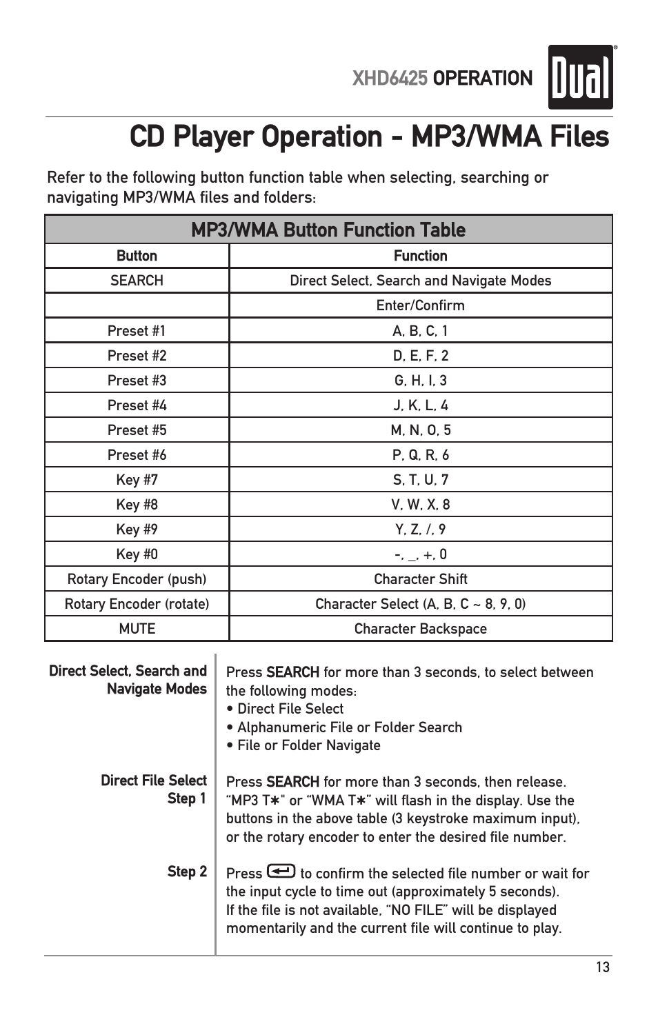 Cd player operation - mp3/wma files, Xhd6425 operation, Mp3/wma button function table | Dual Electronics XHD6425 User Manual | Page 13 / 28
