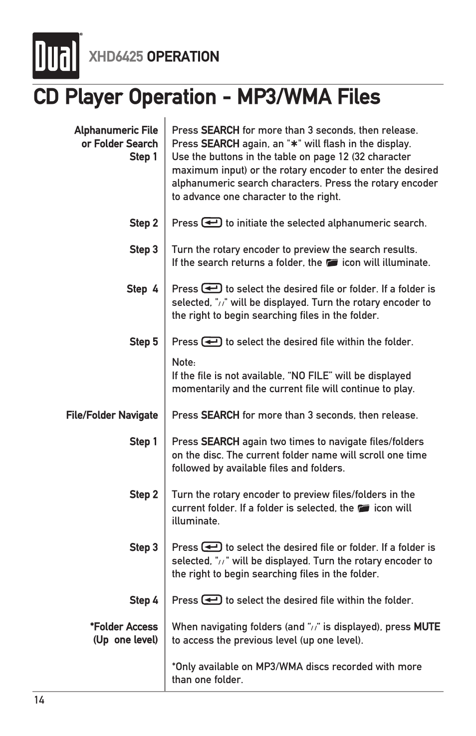 Cd player operation - mp3/wma files, Xhd6425 operation | Dual Electronics XHD6425 User Manual | Page 14 / 28